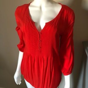 Silky Blouse Size XS Bright Orange Red Top Three Quarter Sleeve Bohemian Top